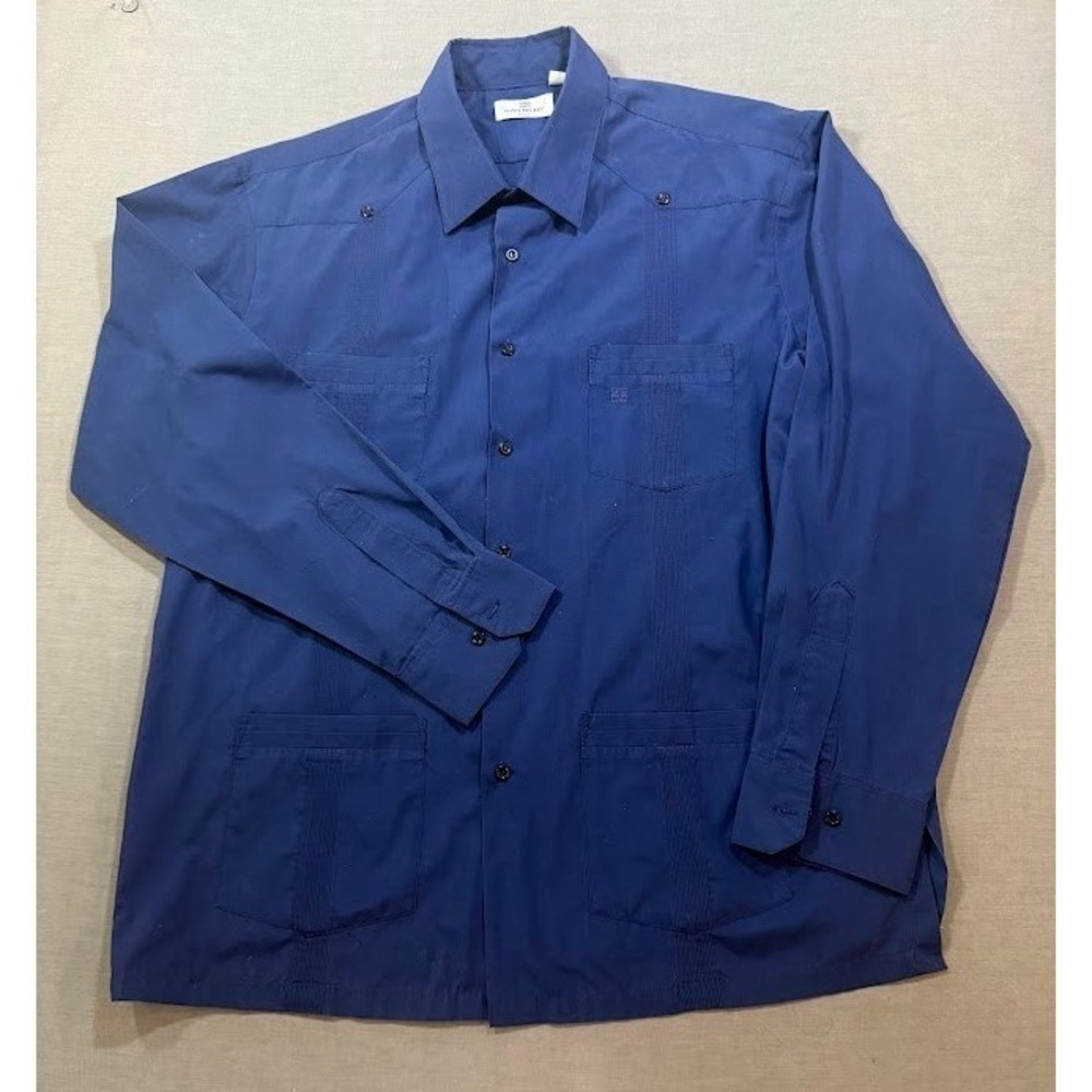 Givenchy Mens Blue Long Sleeve Button Up Shirt 4 Pocket Cuban Guayabera Mens XL.